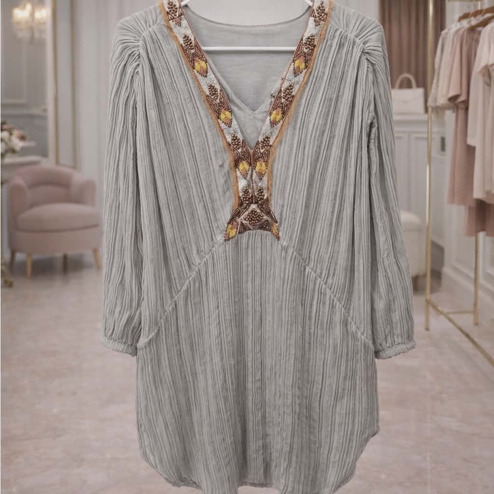 Free People Light Gray Embroidered V-Neck Tunic